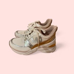 Cream and Gold Chunky Sneakers with Metallic Accents